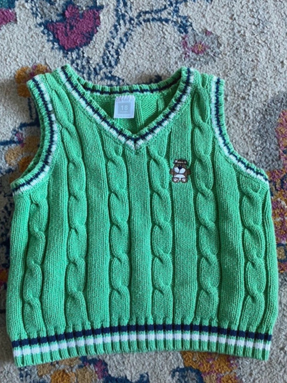 Carters Infant Toddler Green Cable Knit Vest Bear 100% Cotton 18 Months